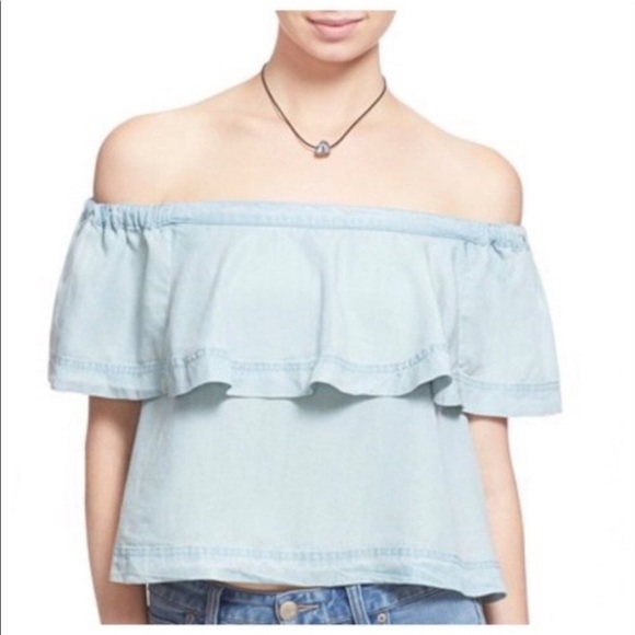 Free People | Chambray Off Shoulder Top Blue Layered Cropped Size M - Picture 3 of 7